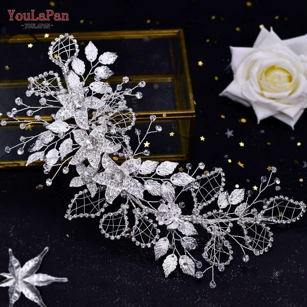 YouLaPan HP282 Wedding Headband Alloy Flower Leaf Hair Tiara Rhinestone Headpiece Bridal Headwear Hair Accessories Head Jewelry