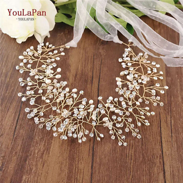 YouLaPan SH10 Golden Wedding Belt Pearls Crystal Belt Handmade Rhinestone Belt for Wedding Accessories Golden Bridal Sash Belt