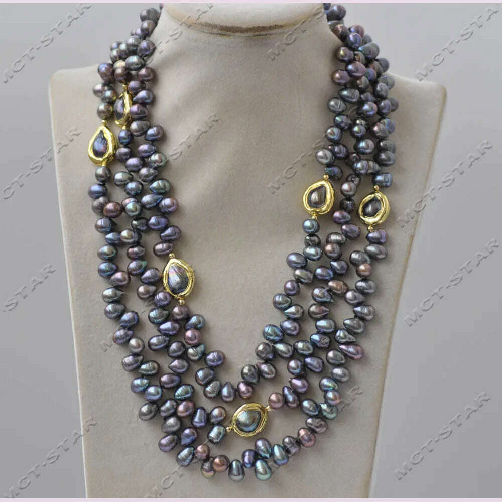 Z13344 3Row 20" 16mm Peacock Black Rice Gold plated Freshwater Pearl Necklace Custom Jewelry