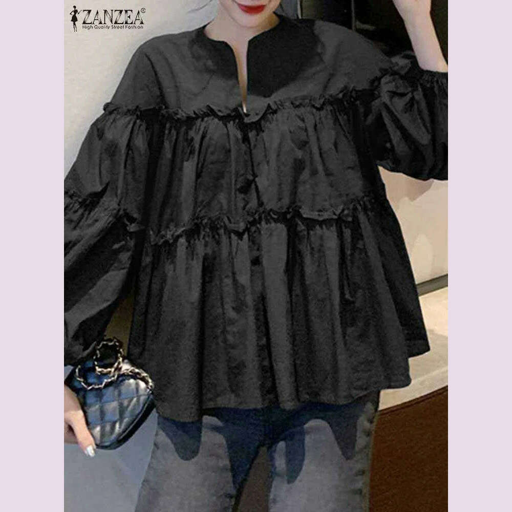 ZANZEA Fashion Women Long Puff Sleeve Blouse Autumn Spring Eelgant Shirt Ruffles Blusas Femininas Mujer Party Work Tops Tunic