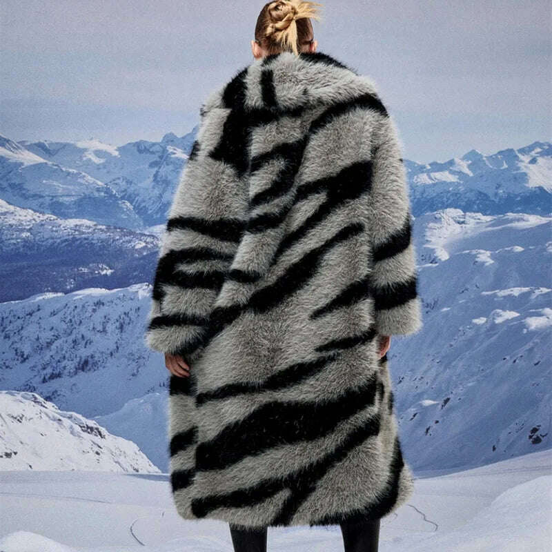 Zebra New Faux Fox Fur Coat Women Long 2024 Winter Imitation Wool Fur Jacket Thickened Warm Plush Overcoat Furry Fuzzy Outerwear
