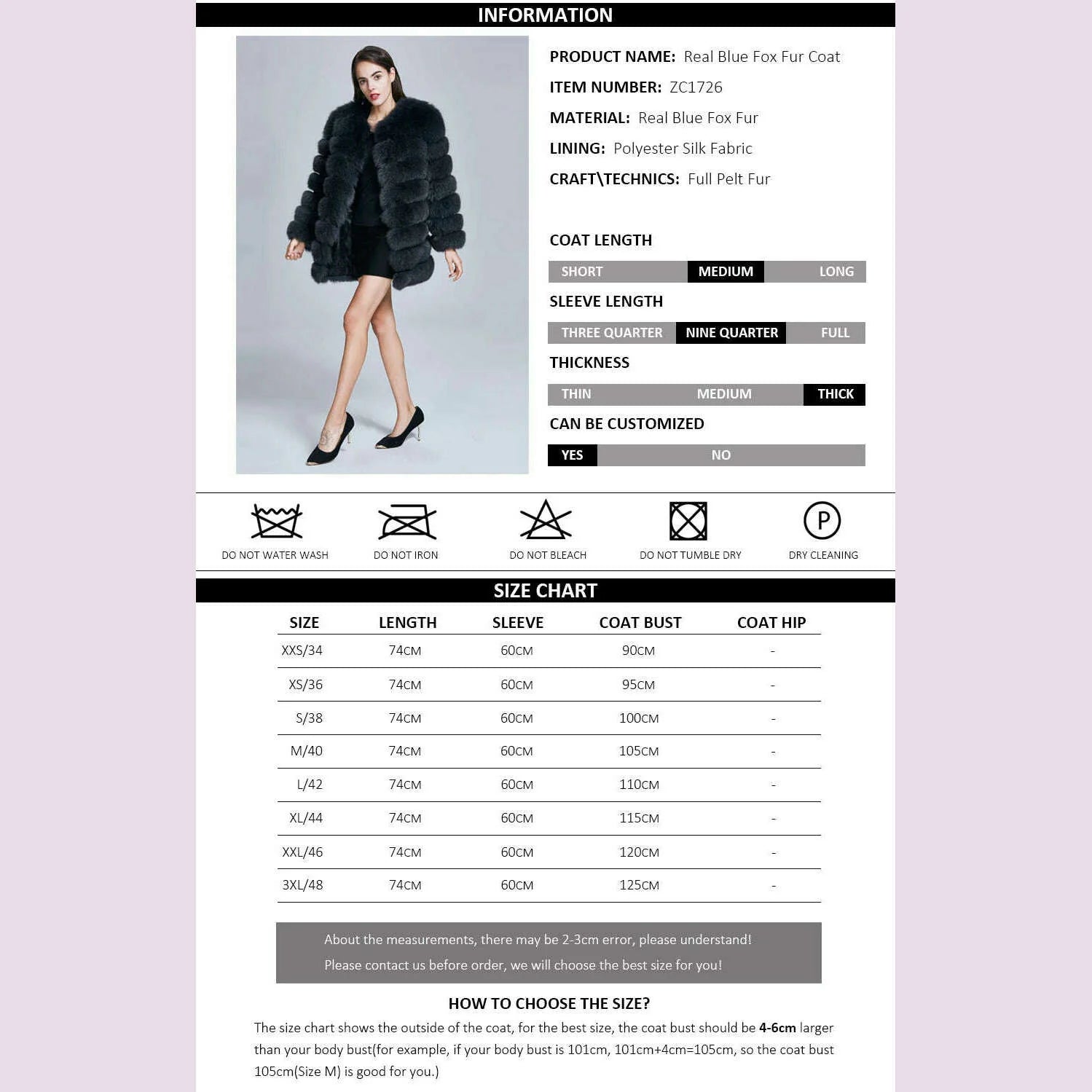 ZIRUNKING Real Blue Fox Fur Coat Women Natural Thick Long Overcoat Winter Warm High Quality Classic Fashion Clothes ZC1726