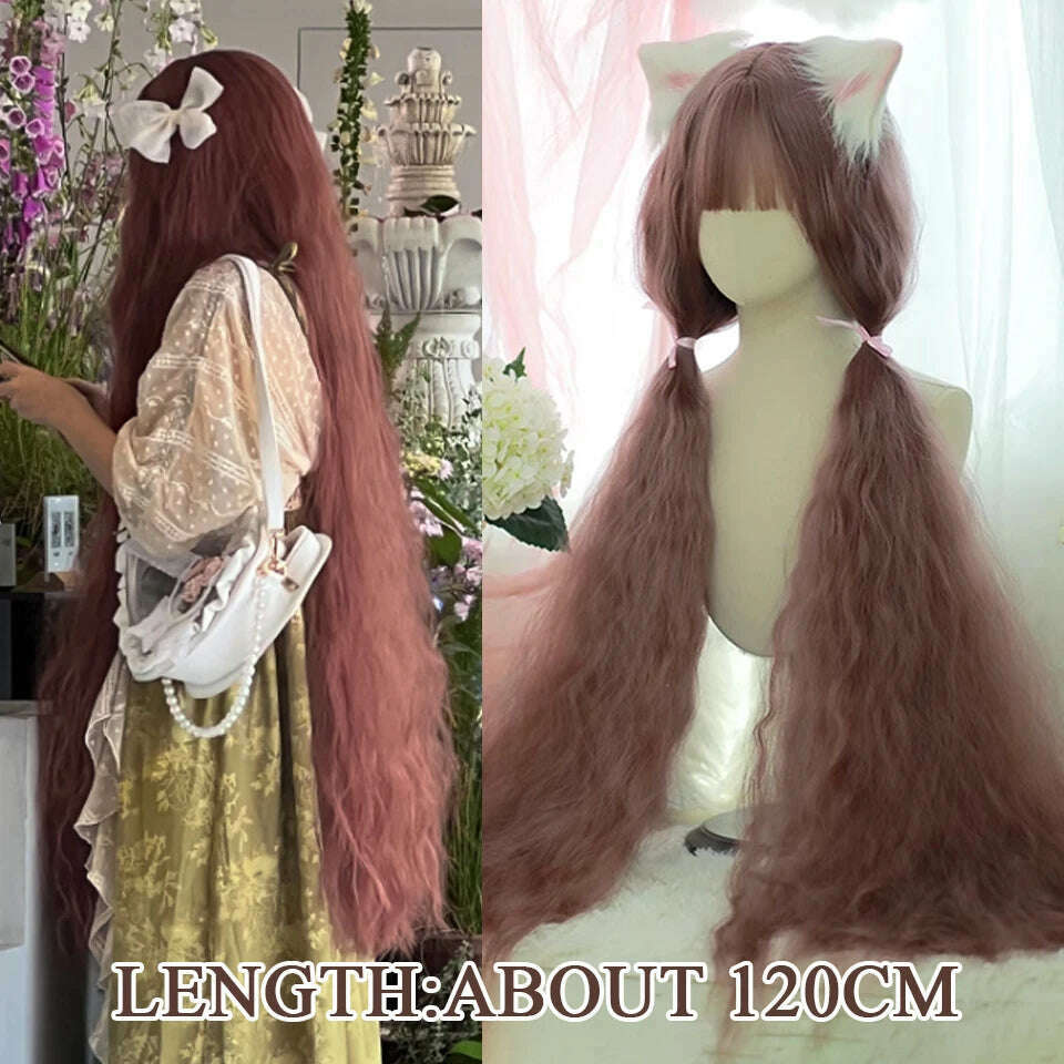 120cm Long Wavy Hair Synthetic Wigs Female Red Brown Coaplay Lolita Wig With Bangs Natural Hair Wigs Women Heat Fesistant  Fiber