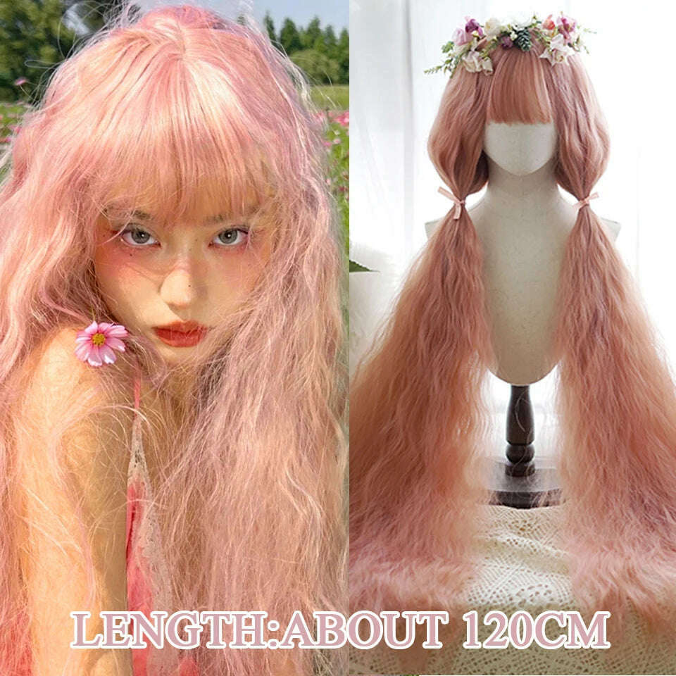 120cm Long Wavy Hair Synthetic Wigs Female Red Brown Coaplay Lolita Wig With Bangs Natural Hair Wigs Women Heat Fesistant  Fiber