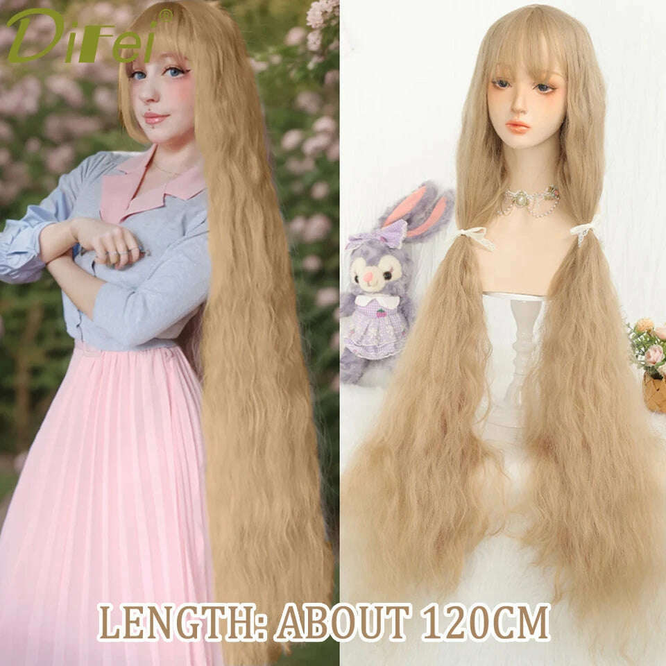 120cm Long Wavy Hair Synthetic Wigs Female Red Brown Coaplay Lolita Wig With Bangs Natural Hair Wigs Women Heat Fesistant  Fiber