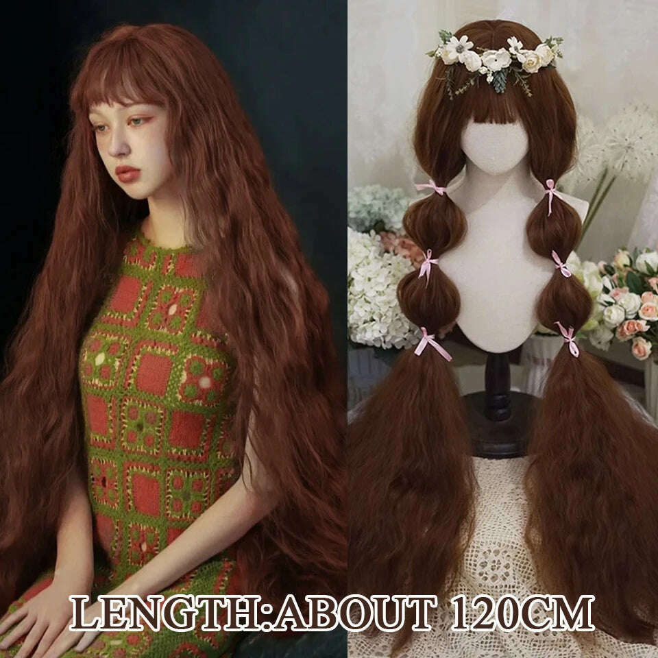 120cm Long Wavy Hair Synthetic Wigs Female Red Brown Coaplay Lolita Wig With Bangs Natural Hair Wigs Women Heat Fesistant  Fiber