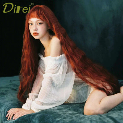 120cm Long Wavy Hair Synthetic Wigs Female Red Brown Coaplay Lolita Wig With Bangs Natural Hair Wigs Women Heat Fesistant  Fiber