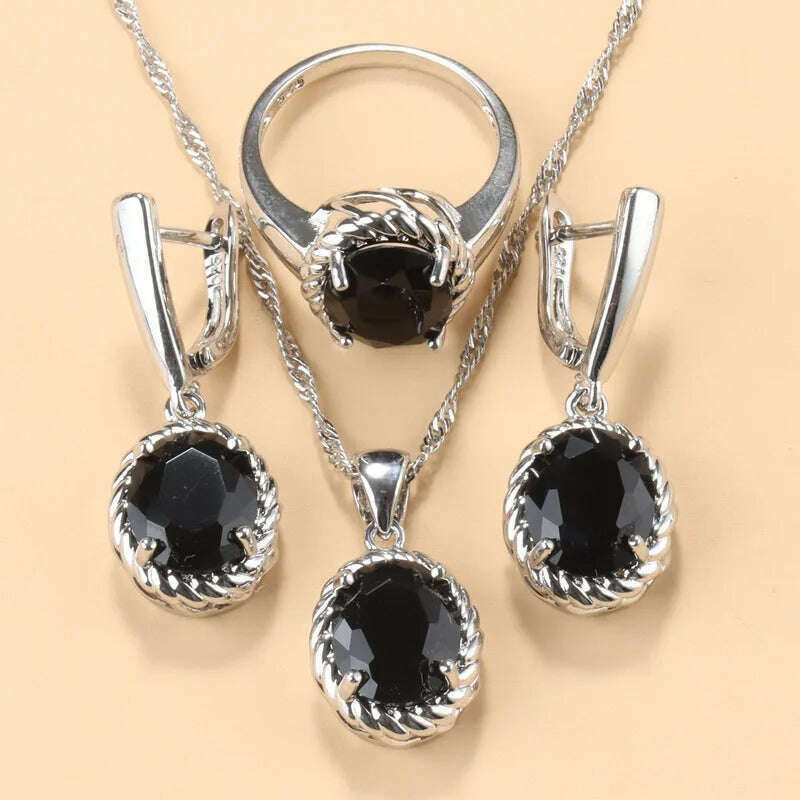 13-Colors Stone 925 Silver Bridal Jewelry Sets Wedding Ring Costume Earrings Pendant Chain Necklace For Women Christmas Gift