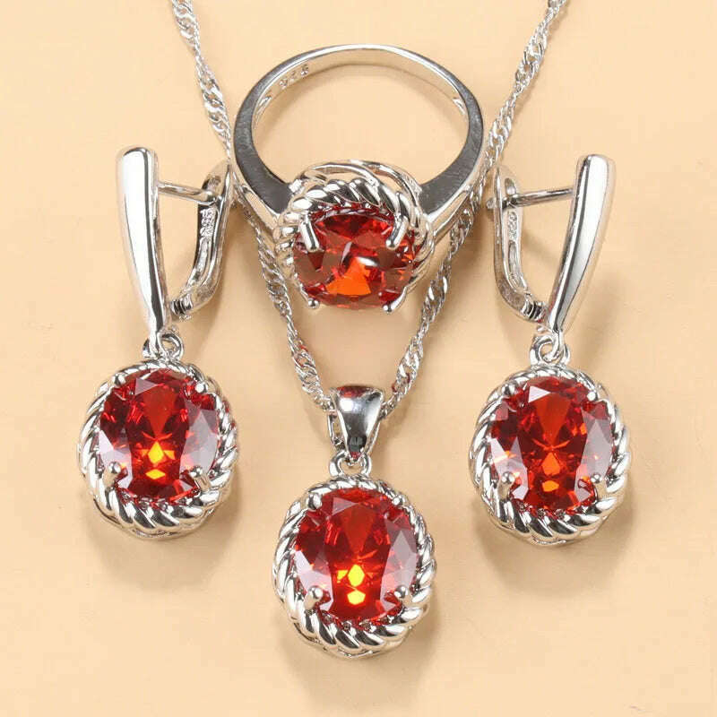 13-Colors Stone 925 Silver Bridal Jewelry Sets Wedding Ring Costume Earrings Pendant Chain Necklace For Women Christmas Gift