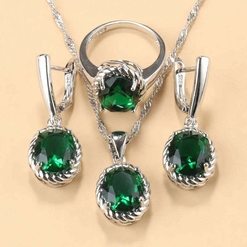 13-Colors Stone 925 Silver Bridal Jewelry Sets Wedding Ring Costume Earrings Pendant Chain Necklace For Women Christmas Gift