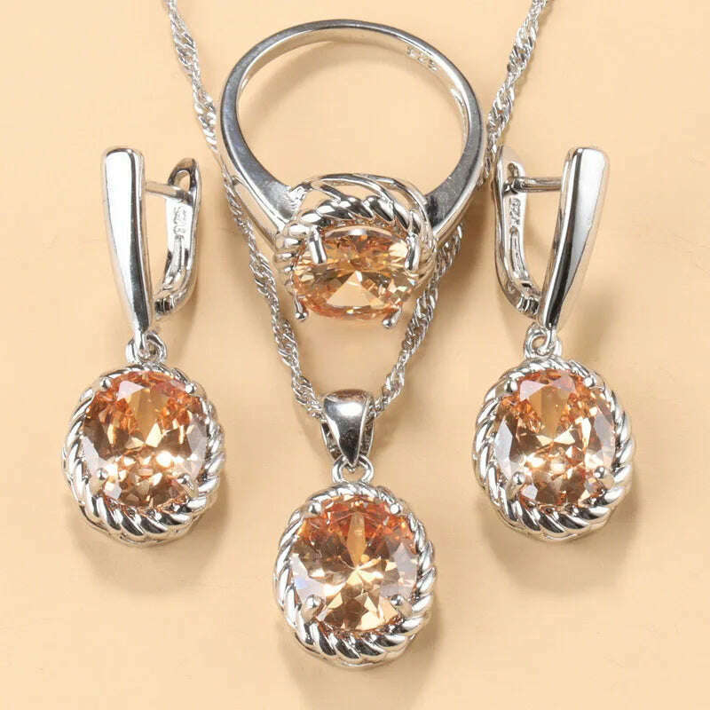 13-Colors Stone 925 Silver Bridal Jewelry Sets Wedding Ring Costume Earrings Pendant Chain Necklace For Women Christmas Gift