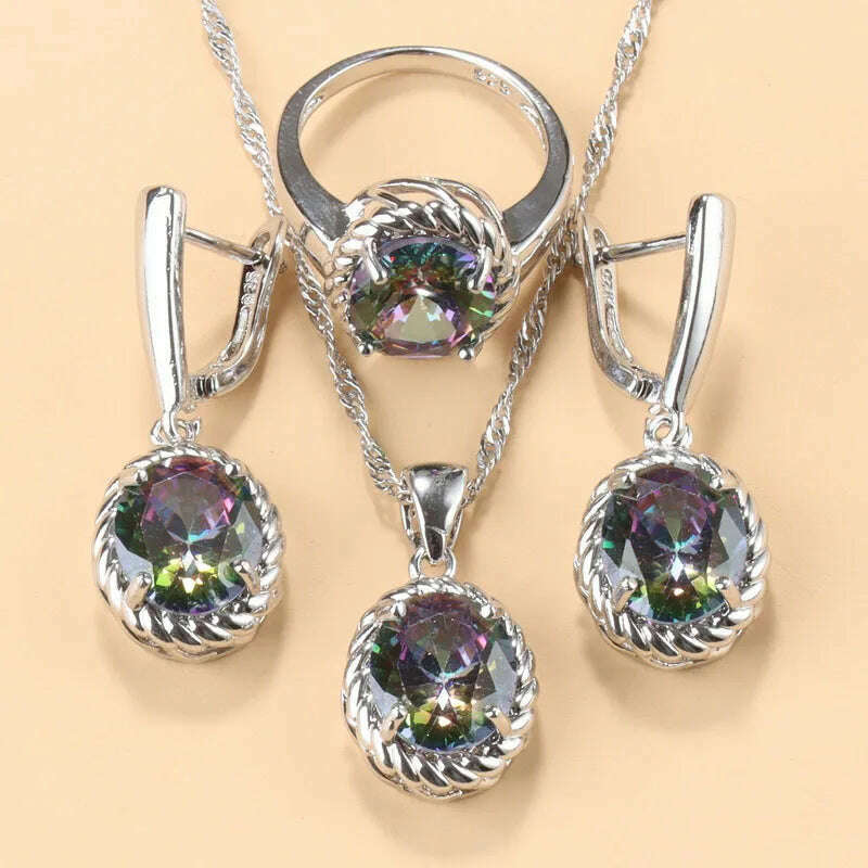 13-Colors Stone 925 Silver Bridal Jewelry Sets Wedding Ring Costume Earrings Pendant Chain Necklace For Women Christmas Gift