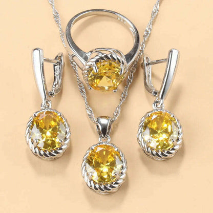 13-Colors Stone 925 Silver Bridal Jewelry Sets Wedding Ring Costume Earrings Pendant Chain Necklace For Women Christmas Gift