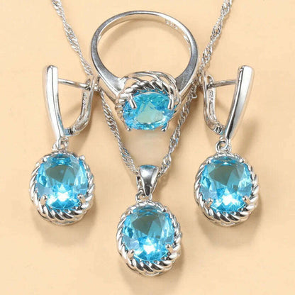 13-Colors Stone 925 Silver Bridal Jewelry Sets Wedding Ring Costume Earrings Pendant Chain Necklace For Women Christmas Gift