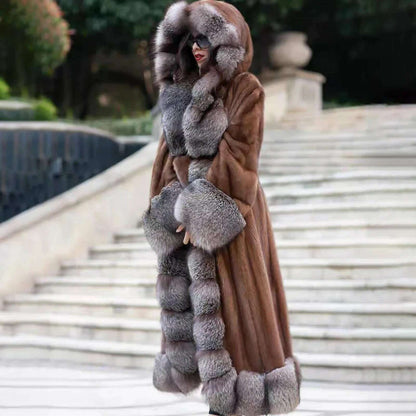 130cm Long Real Mink Fur Coat With Hood High Quality Genuine Mink Fur Crystal Fox Overcoat With Belt Trendy Fur Overcoats Woman