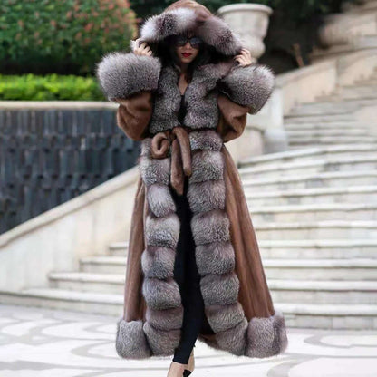 130cm Long Real Mink Fur Coat With Hood High Quality Genuine Mink Fur Crystal Fox Overcoat With Belt Trendy Fur Overcoats Woman