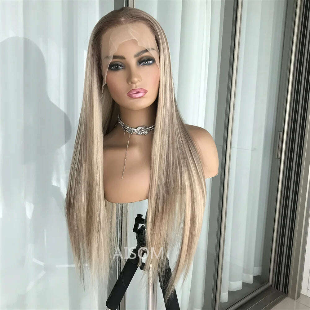 13x4 Lace Front Wig Highlight Brown Synthetic Lace Wigs for Women Pre Plucked 24 Inch Straight Lace Frontal Wigs Blonde Daily