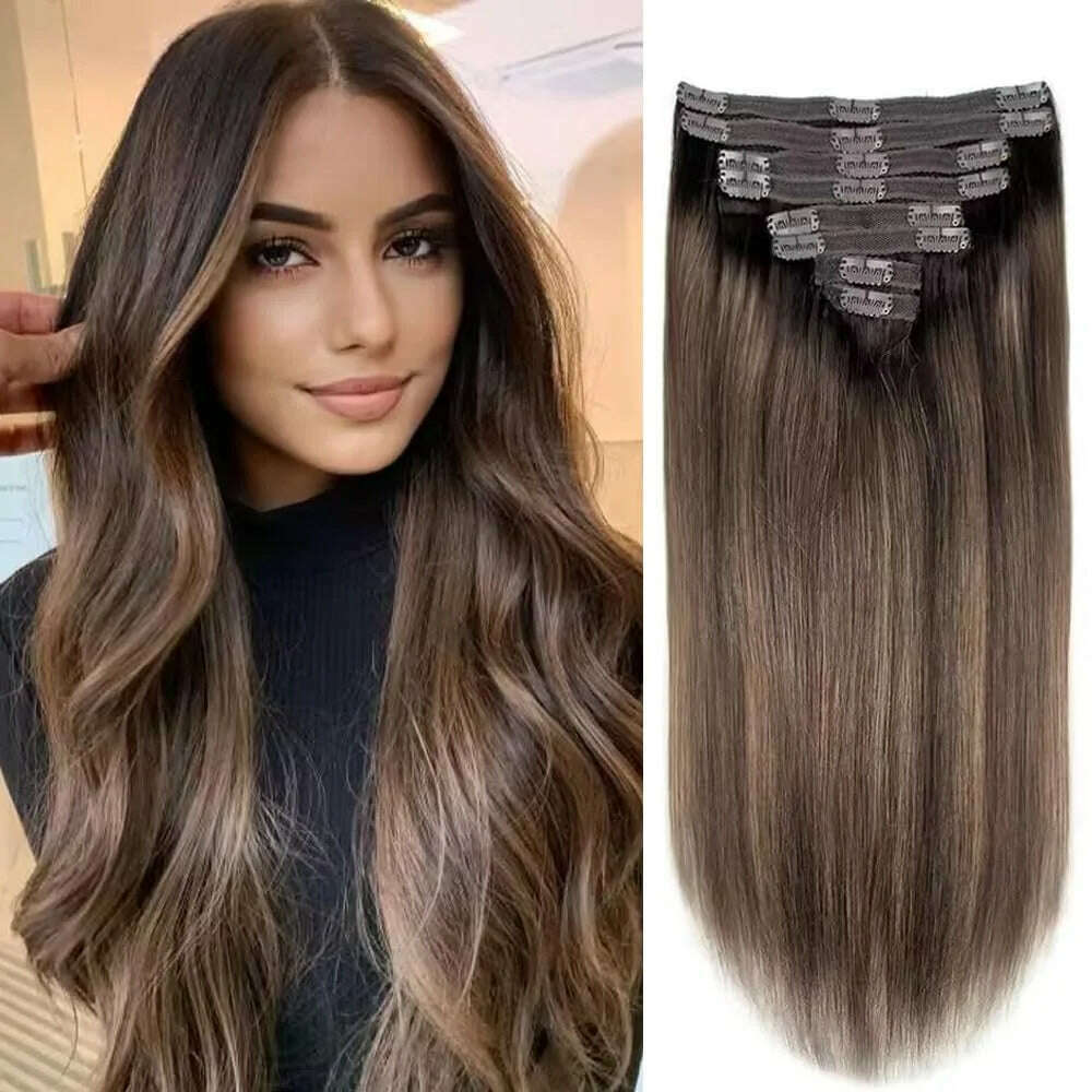 18 Clips In Hair Extensions 2/6/2 Colored Brazilian Straight 100% Human Hair 8 Pieces 16-26 Inches Hair Extensions for Women