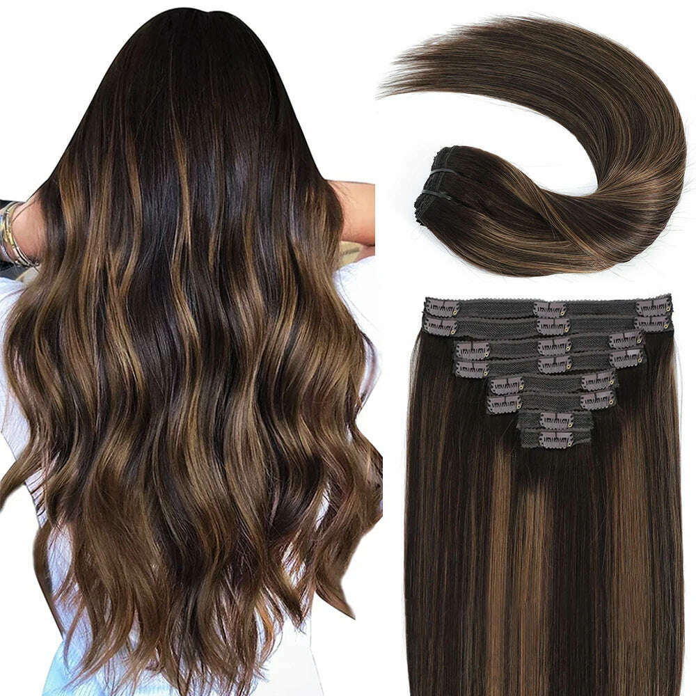 18 Clips In Hair Extensions 2/6/2 Colored Brazilian Straight 100% Human Hair 8 Pieces 16-26 Inches Hair Extensions for Women