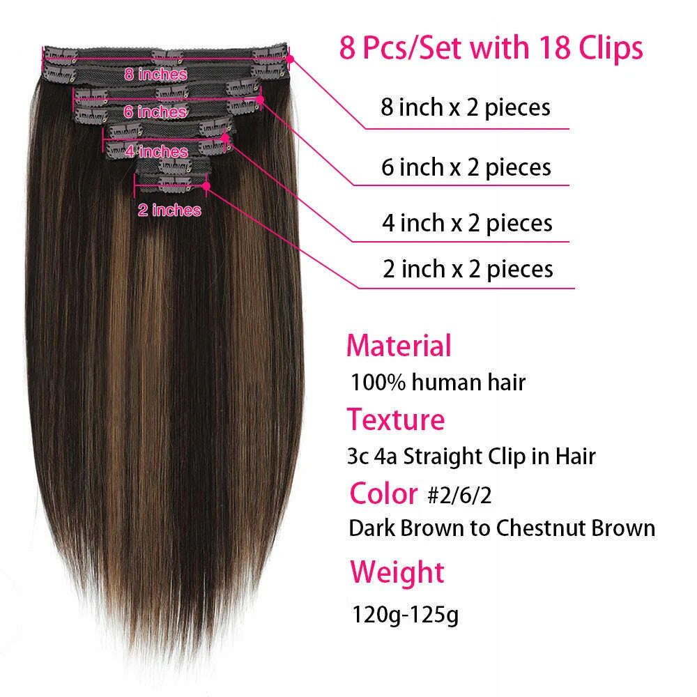 18 Clips In Hair Extensions 2/6/2 Colored Brazilian Straight 100% Human Hair 8 Pieces 16-26 Inches Hair Extensions for Women