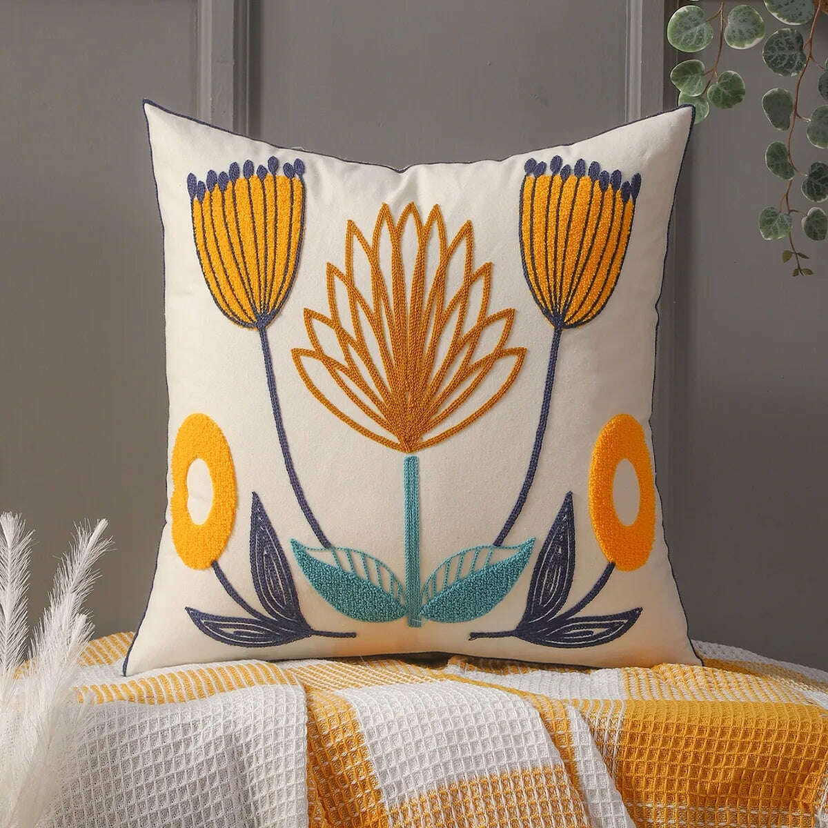 1Pc Decorative Pillowcase Flowers Embroidered Throw Pillow Covers Farmhouse Cotton Pillow Cushion Cases Home Decor