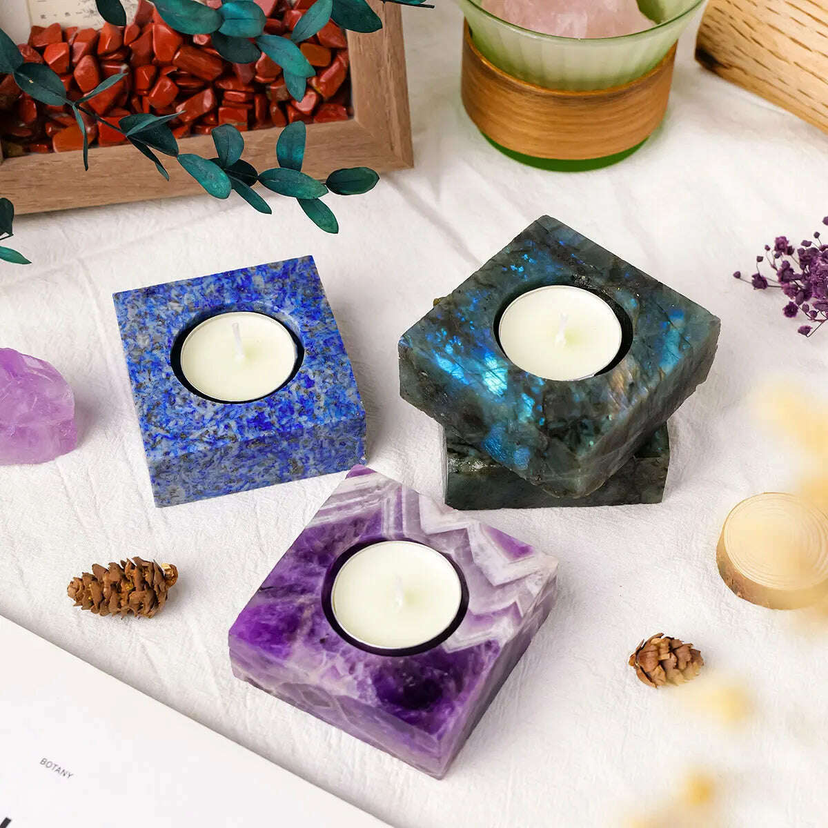 1pc Natural Crystal Raw Stone Square Rose Quartz Rough Candlestick Clear Quartz Smokeless Candle Home Decoration