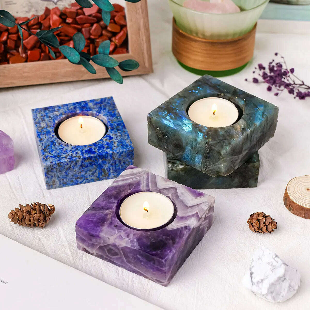 1pc Natural Crystal Raw Stone Square Rose Quartz Rough Candlestick Clear Quartz Smokeless Candle Home Decoration
