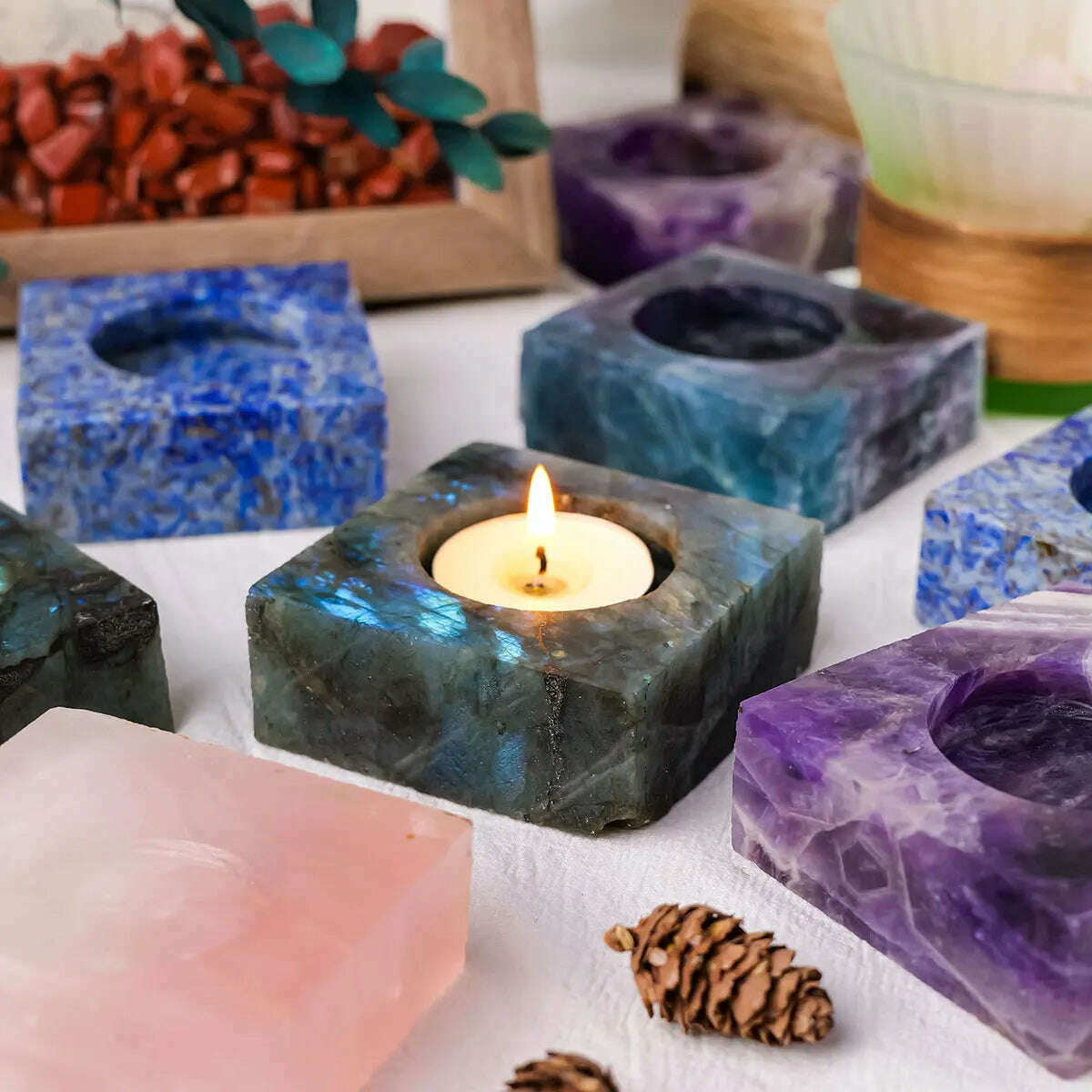 1pc Natural Crystal Raw Stone Square Rose Quartz Rough Candlestick Clear Quartz Smokeless Candle Home Decoration