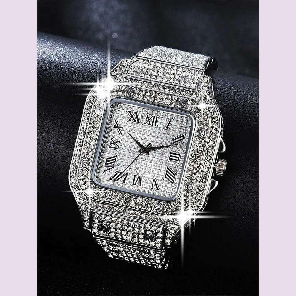 1pcs Fashion Business Calendar Men's Full Diamond Black Steel Band Quartz Watch