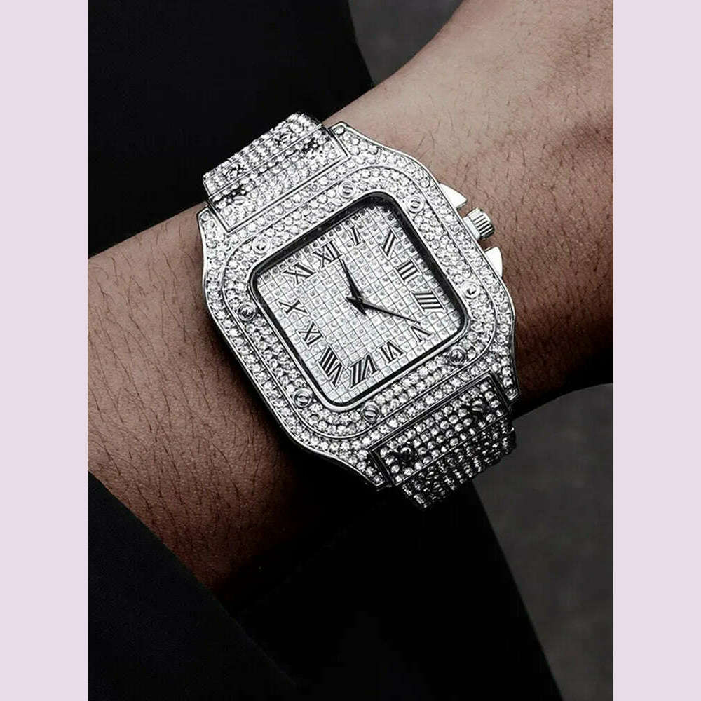 1pcs Fashion Business Calendar Men's Full Diamond Black Steel Band Quartz Watch