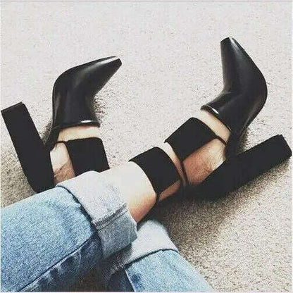 2017 Spring Fashion Black Smooth Leather Women Pointy Toe Pumps Thin Straps Cut Out Ladies Chunky Heel Shoes Rome Style Pumps
