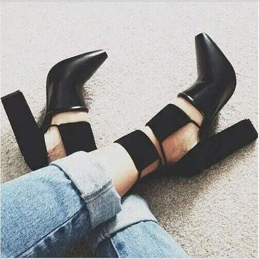 2017 Spring Fashion Black Smooth Leather Women Pointy Toe Pumps Thin Straps Cut Out Ladies Chunky Heel Shoes Rome Style Pumps