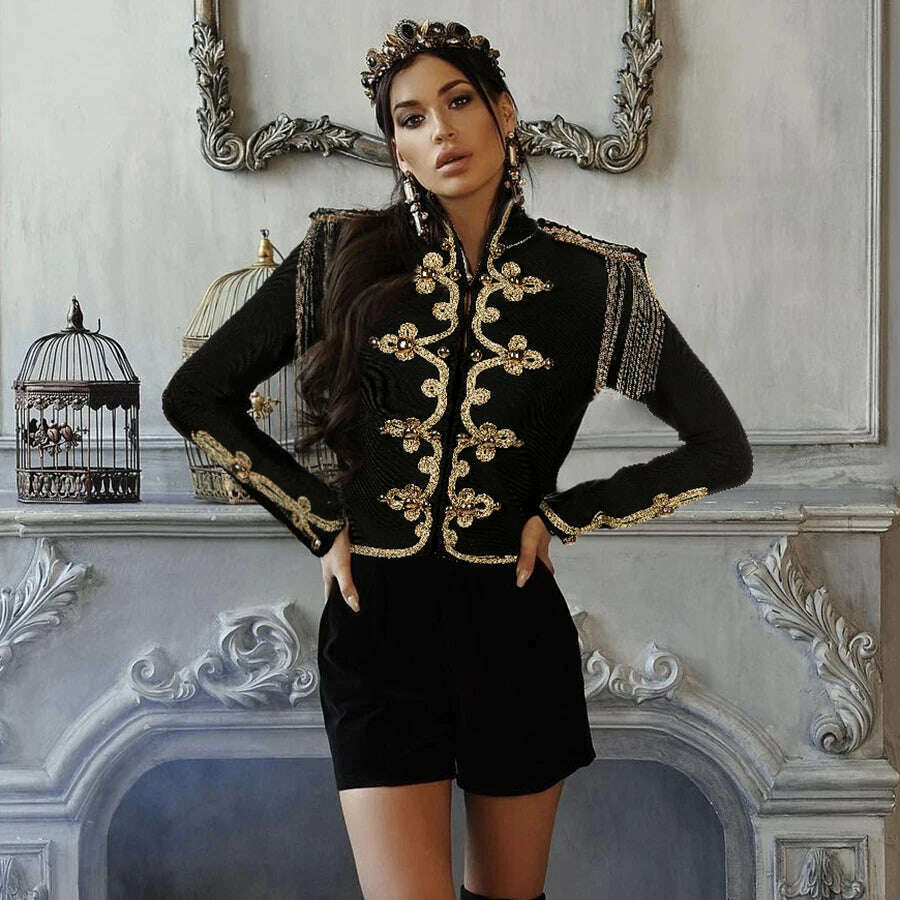 2021 New Winter Autumn Fashion Women's Bandage Jacket Long Sleeve Casual Sexy Black Night Club Party Coat Outwear Female Golden