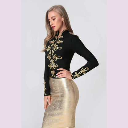 2021 New Winter Autumn Fashion Women's Bandage Jacket Long Sleeve Casual Sexy Black Night Club Party Coat Outwear Female Golden