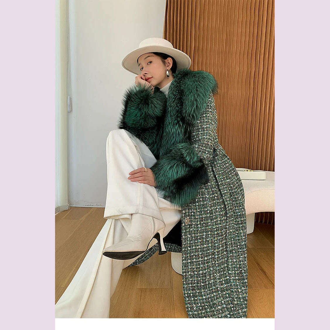 2022 Winter New Long Fur Coat Women's Fox Fur Large Fur Collar Tweed Coat