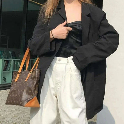 2023 Fashion Autumn Solid Shoulder Pads Blazer For Women Casual Long Sleeve Single-Breasted Loose Coat Tops Female Green Outwear