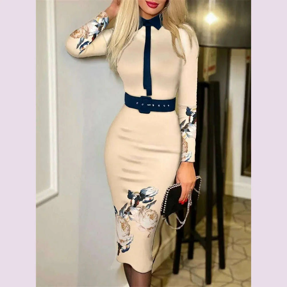 2023 New Dresses For Women Houndstooth Print Long Sleeve Tie Detail Work Dress With Belt Y2k Vestidos Office Lady Elegant Midi