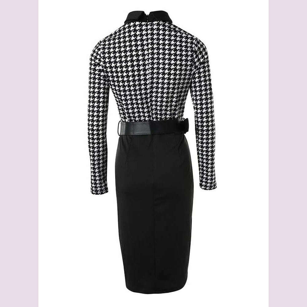 2023 New Dresses For Women Houndstooth Print Long Sleeve Tie Detail Work Dress With Belt Y2k Vestidos Office Lady Elegant Midi