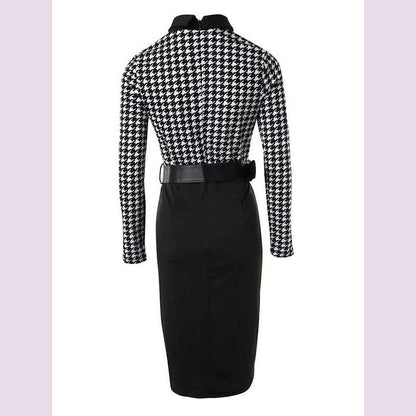 2023 New Dresses For Women Houndstooth Print Long Sleeve Tie Detail Work Dress With Belt Y2k Vestidos Office Lady Elegant Midi