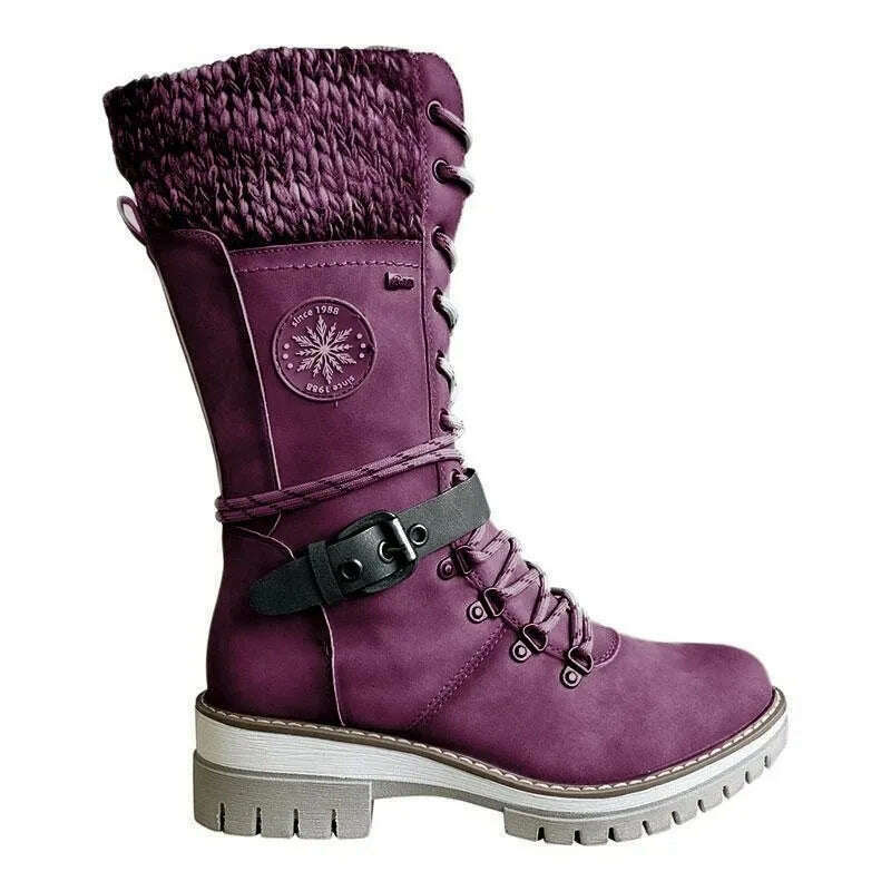 2023 Women Winter Buckle Lace Knitted Mid-calf Boots Low Heel Round Toe Boots Top Quality Winter Warm Boots Women Botas De Mujer