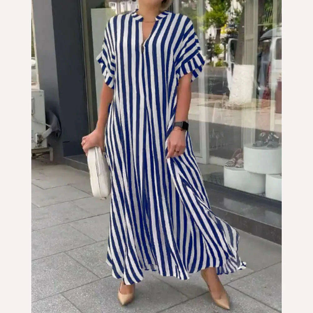 2024 AliExpress Europe and America Plus Size Women's Cross border Summer New Product Split Casual Stripe Short sleeved Dress