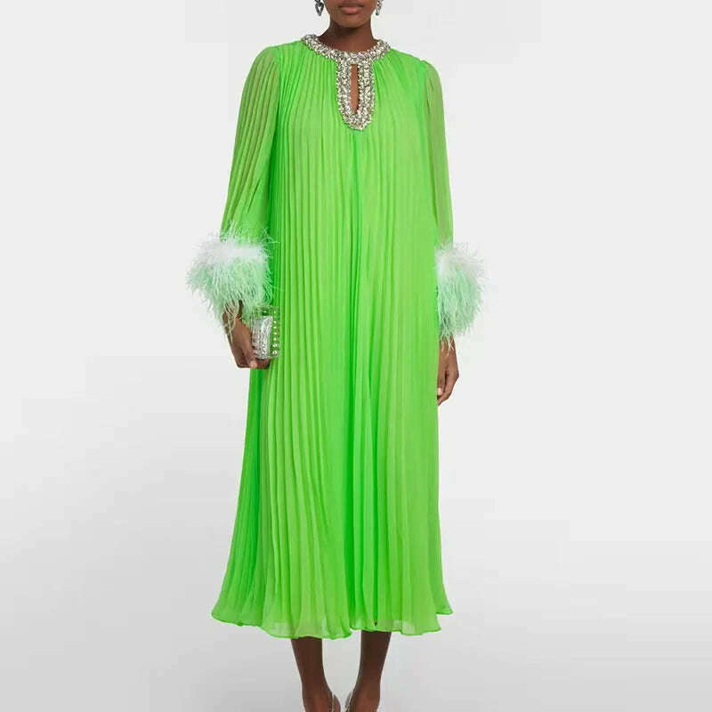 2024 Autumn New Dress Round Neck Heavy Industry Hairy Sleeves Splicing Pleated Medium and Long Dresses Casual Women's Clothing