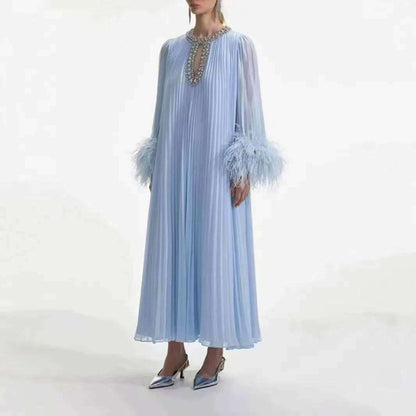 2024 Autumn New Dress Round Neck Heavy Industry Hairy Sleeves Splicing Pleated Medium and Long Dresses Casual Women's Clothing