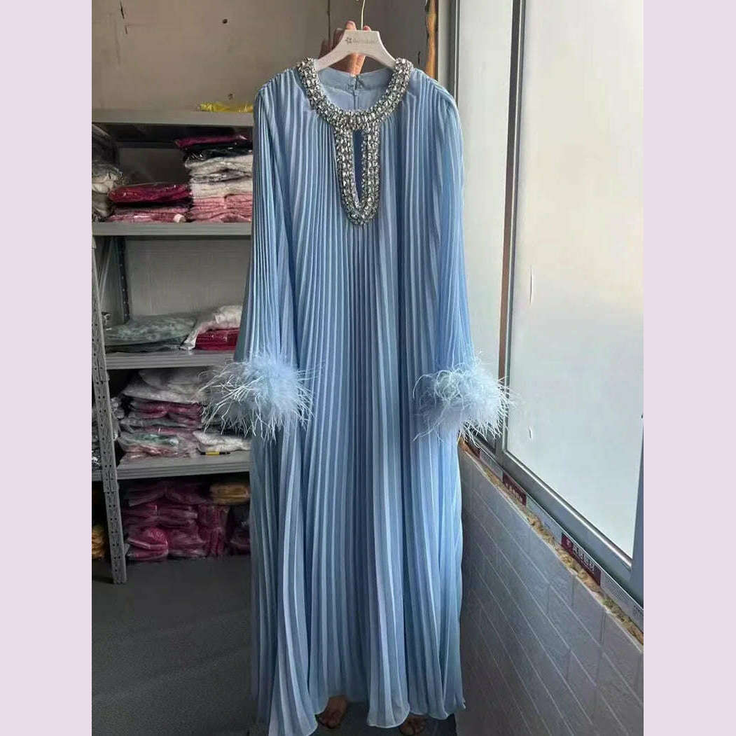 2024 Autumn New Dress Round Neck Heavy Industry Hairy Sleeves Splicing Pleated Medium and Long Dresses Casual Women's Clothing