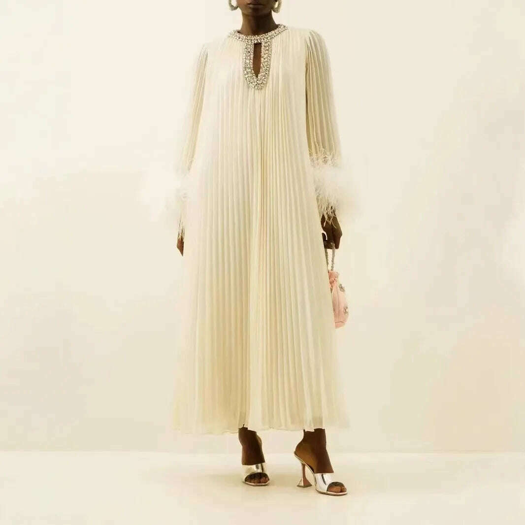 2024 Autumn New Dress Round Neck Heavy Industry Hairy Sleeves Splicing Pleated Medium and Long Dresses Casual Women's Clothing
