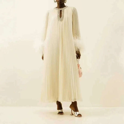2024 Autumn New Dress Round Neck Heavy Industry Hairy Sleeves Splicing Pleated Medium and Long Dresses Casual Women's Clothing