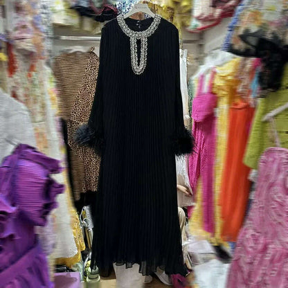 2024 Autumn New Dress Round Neck Heavy Industry Hairy Sleeves Splicing Pleated Medium and Long Dresses Casual Women's Clothing