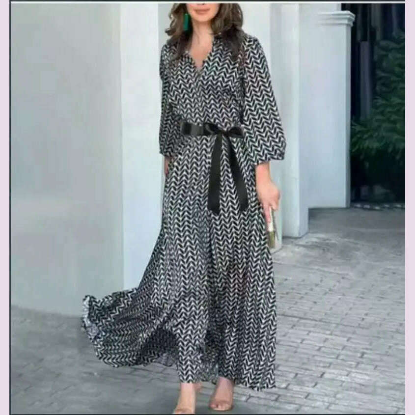 2024 Autumn New Elegant Dress Black Print Vintage V Neck Fashion Leisure Gathering Women Slim Long Dresses MsChuh Vestidos