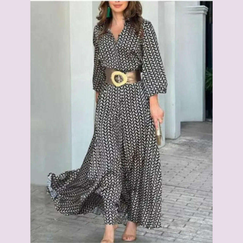 2024 Autumn New Elegant Dress Black Print Vintage V Neck Fashion Leisure Gathering Women Slim Long Dresses MsChuh Vestidos
