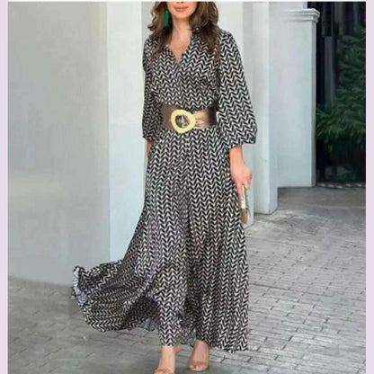 2024 Autumn New Elegant Dress Black Print Vintage V Neck Fashion Leisure Gathering Women Slim Long Dresses MsChuh Vestidos